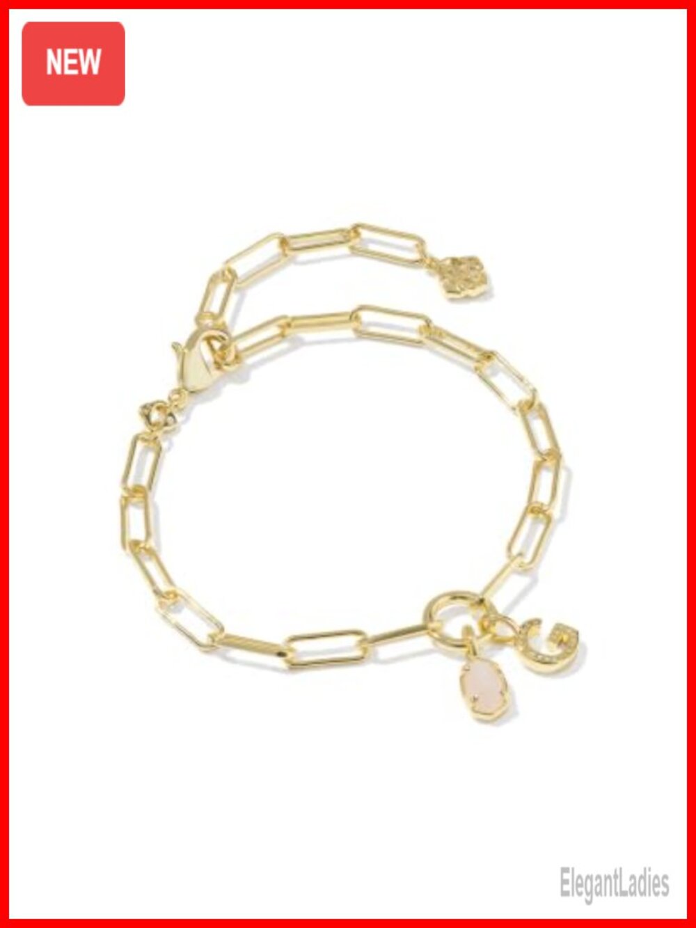 Gold Plated Paperclip Chain Bracelet Rose Quartz Initial Charm